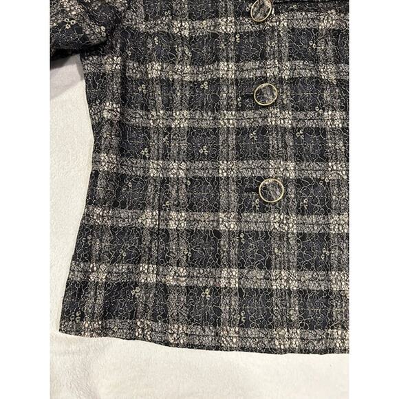 CHICO'S Black Tan Plaid Gold Lace Overlay 3/4 Sleeve Blazer Jacket Size 2 LARGE - Picture 14 of 15
